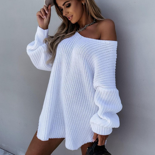 Autumn and winter European and American-style new solid-color women's knitted sweater, loose-fitting V-neck, elegant commuter sweater with a slit at the bottom.