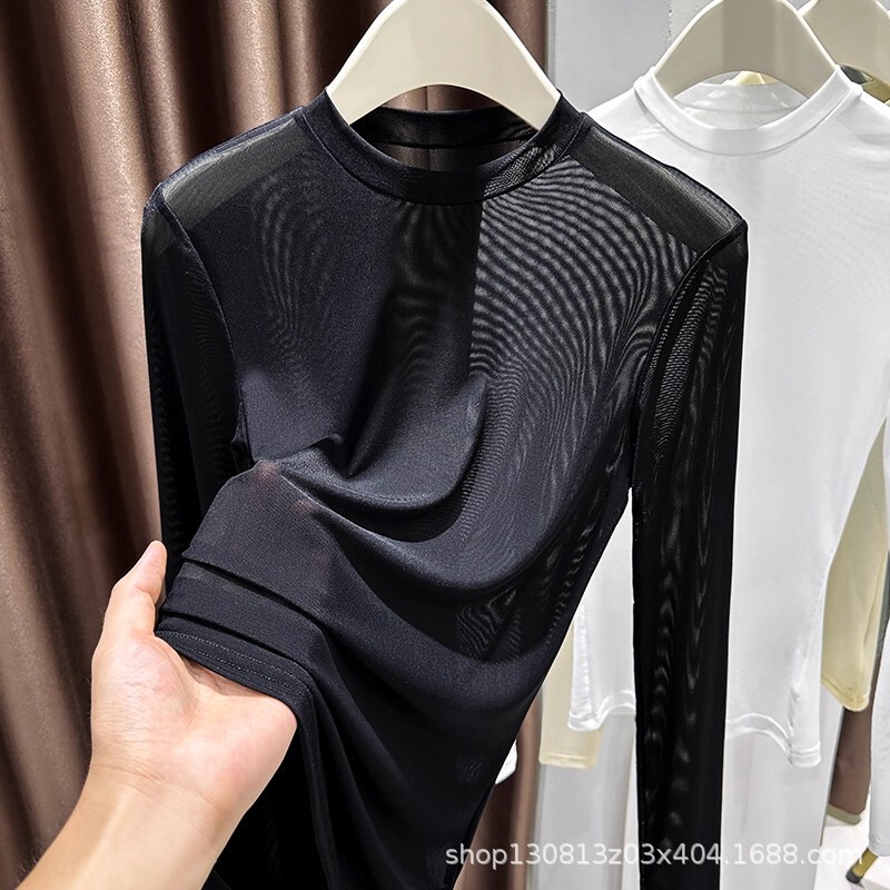 Women's Autumn Transparent Mesh Undershirt with Small Round Neck, Layered Wear, Tight-Fitting, Thin Long-Sleeve Lace Top