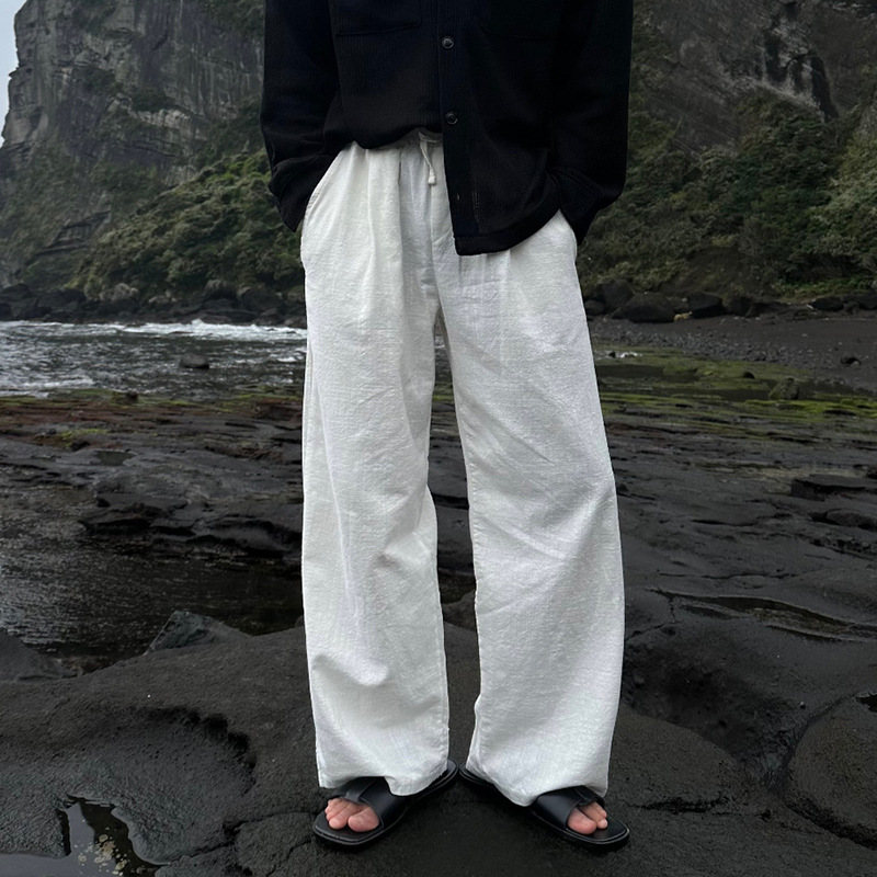 Cotton and Linen Straight-Leg Casual Pants for Men, Spring and Summer Loose Wide-Leg Trousers, Korean Style Trendy Lazy Style Floor-Length Linen Pants