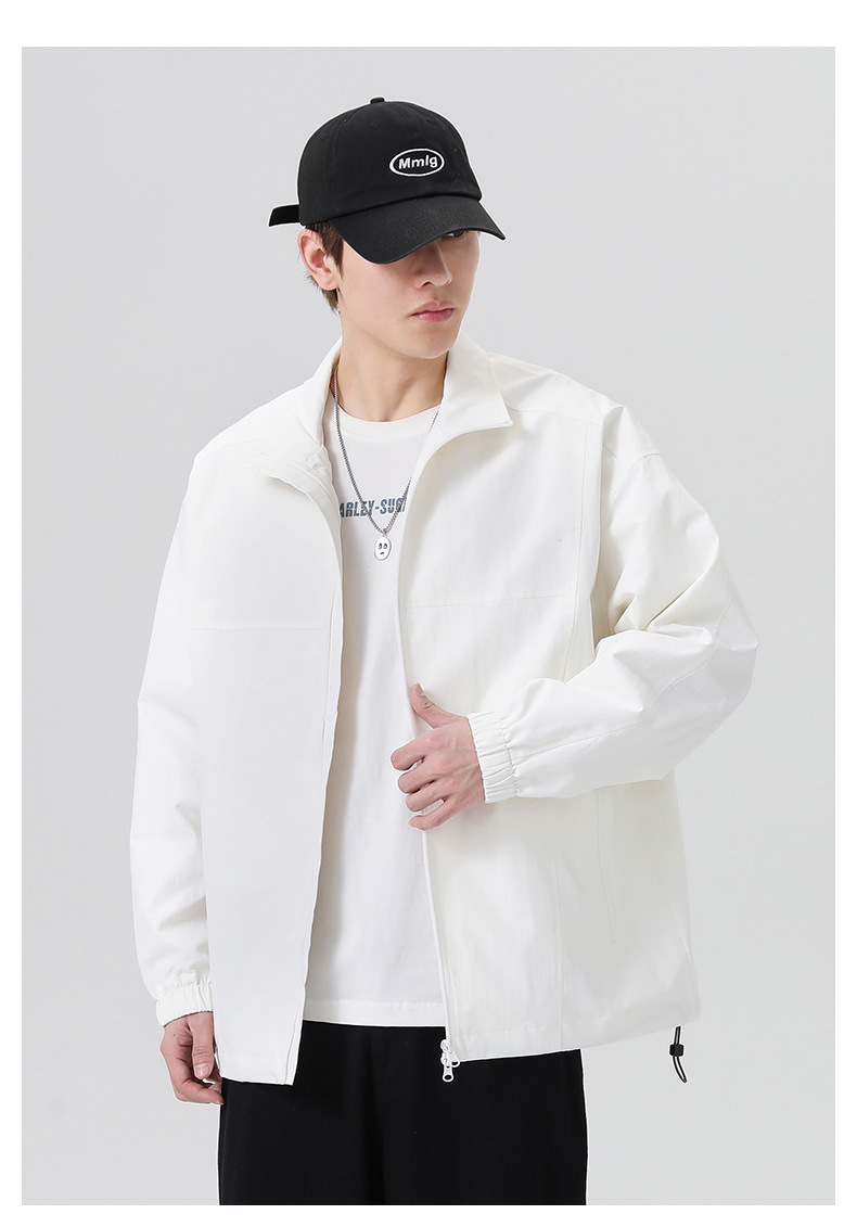 ​Men's Revere Collar Jacket - Minimalist Zippered Overshirt In Black/Olive/White | Anti-Wrinkle Polyester Blend For Urban Commuting​_viptrois.com