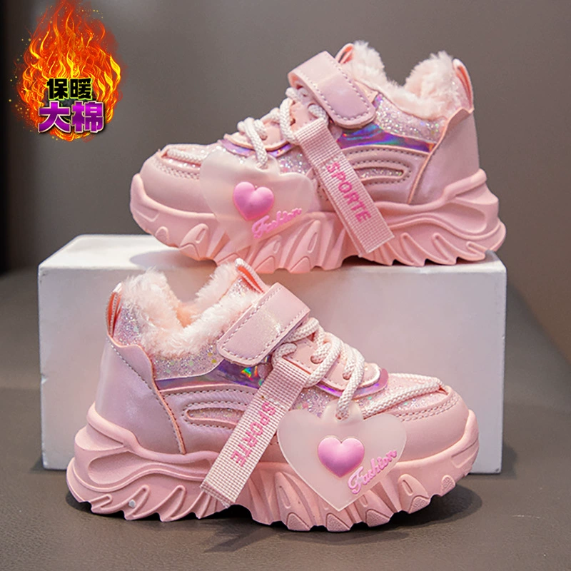 Детская обувь папы для девочек толстые кроссовки зимний новый стиль ins теплые большие хлопковые ботинки дикие бархатные повседневные ботинки