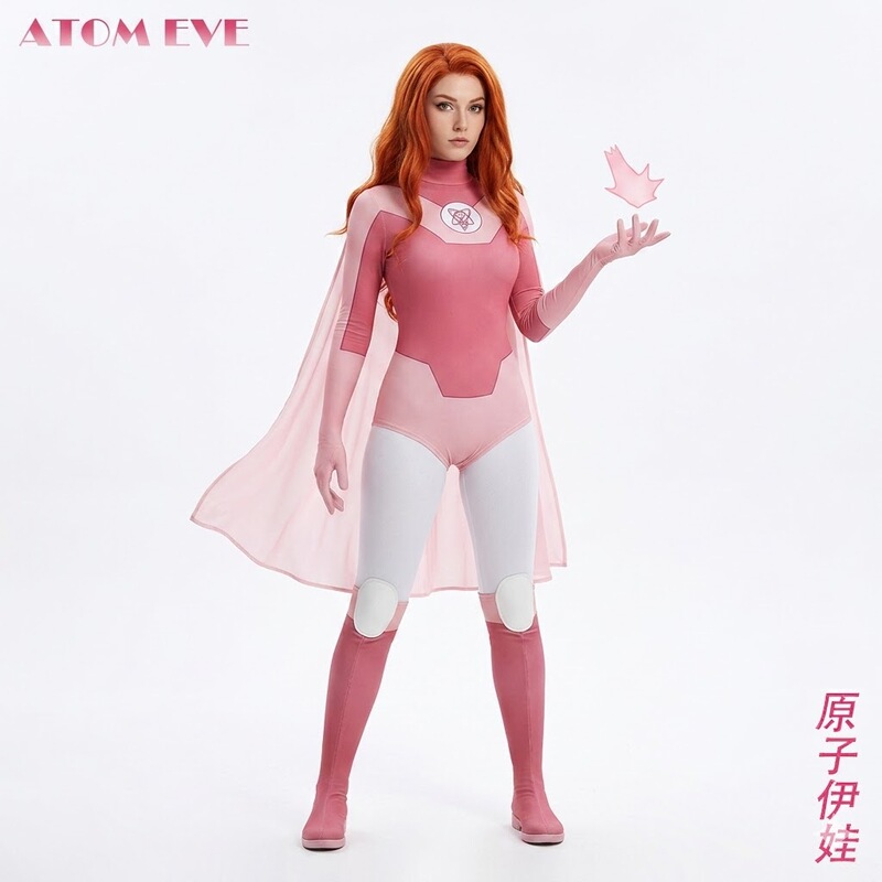 Atom Eve Cosplay Costume - Anime Invincible Young Hero Pink One-Piece Battle Suit with Cape Atom Eve Cosplay Costume - Anime Invincible Young Hero Pink One-Piece Battle Suit with Cape
