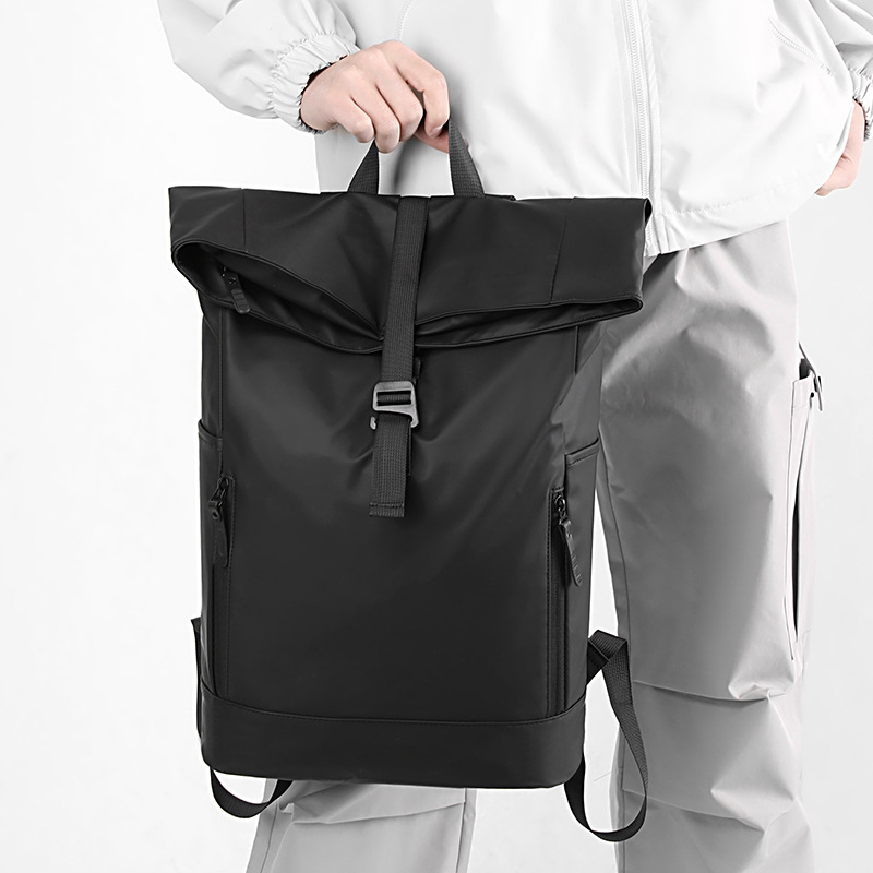 新款跨境港风卷口双肩包男士商务休闲尼龙背包大容量潮流学生E18