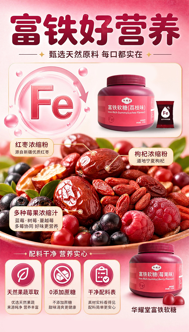 Iron Gummy Candy Berry Lychee Flavor 270g Bottle Six Iron Sources Womens Daily Nutrition Supplement overview