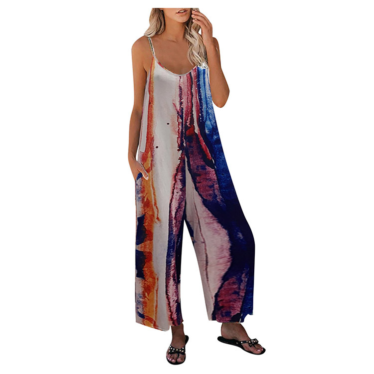 Transfronterizo Amazon 2025 verano nuevo estilo europeo y americano comercio exterior ropa de mujer estampado tirantes bolso casual de pierna ancha mono