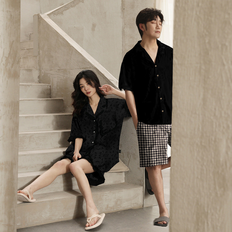 Women's Pajamas Hot-Selling Ice Silk Short-Sleeve 2024 New Tiktok Couple Loungewear Two-Piece Set Live Broadcast Summer