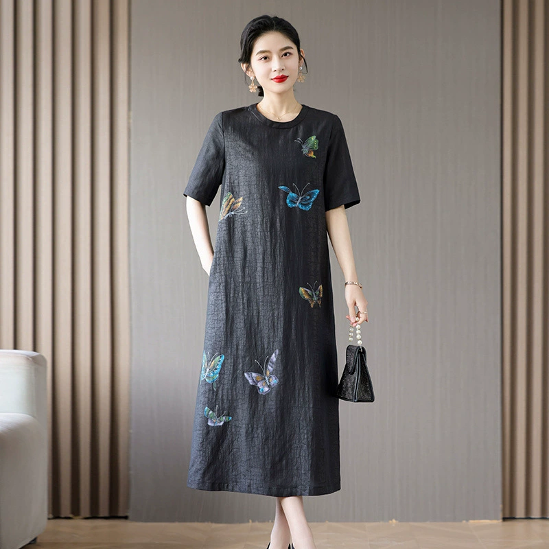 Черное платье из ароматной облачной пряжи для женщин, лето 2024, новая стильная юбка-чонсам из шелкового шелка тутового дерева