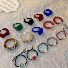 New Chinese-style pearl crystal round bead flower ring, national trend retro index finger ring, simple and fashionable temperament ring, finger accessory.