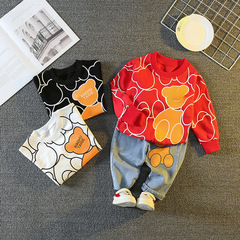 兒童裝男童套裝2021新款卡通小熊洋氣寶寶牛仔兩件套小童春秋款潮