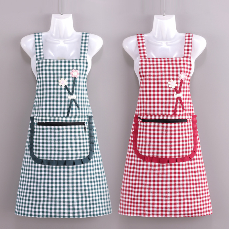 New Apron Women's Western Style Cotton Breathable Summer Waist Kitchen Household Work Dirt-Resistant Plaid Strap Work Clothes