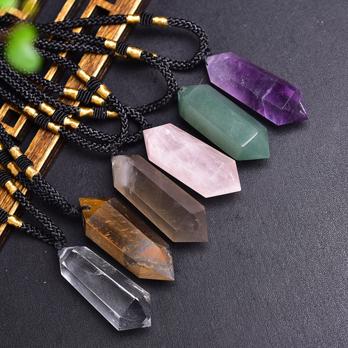 Natural crystal column pink amethyst white crystal double pointed column pendant raw stone polished energy stone exquisite necklace jewelry wholesale