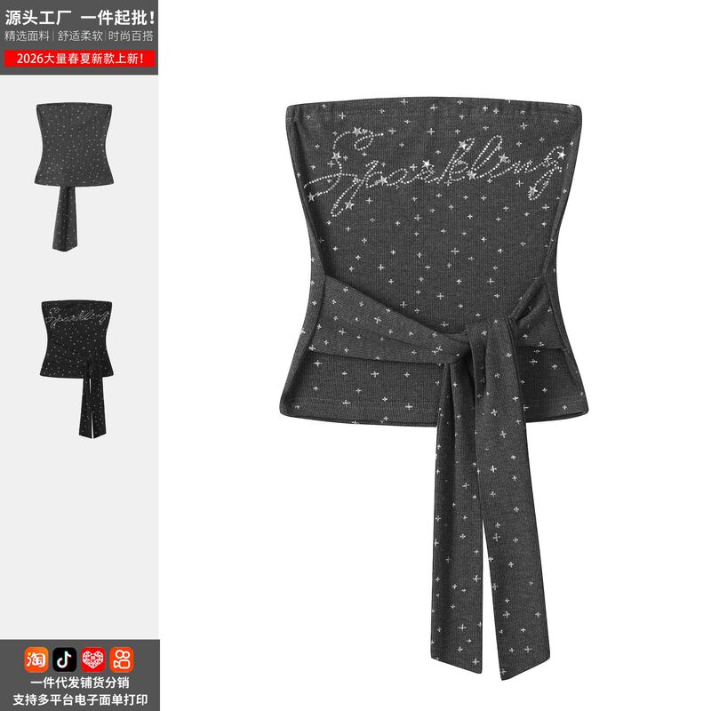 American-Style Rhinestone Embellished Strappy Tube Top for Women, New Summer Black Design Camisole, Direct from Manufacturer