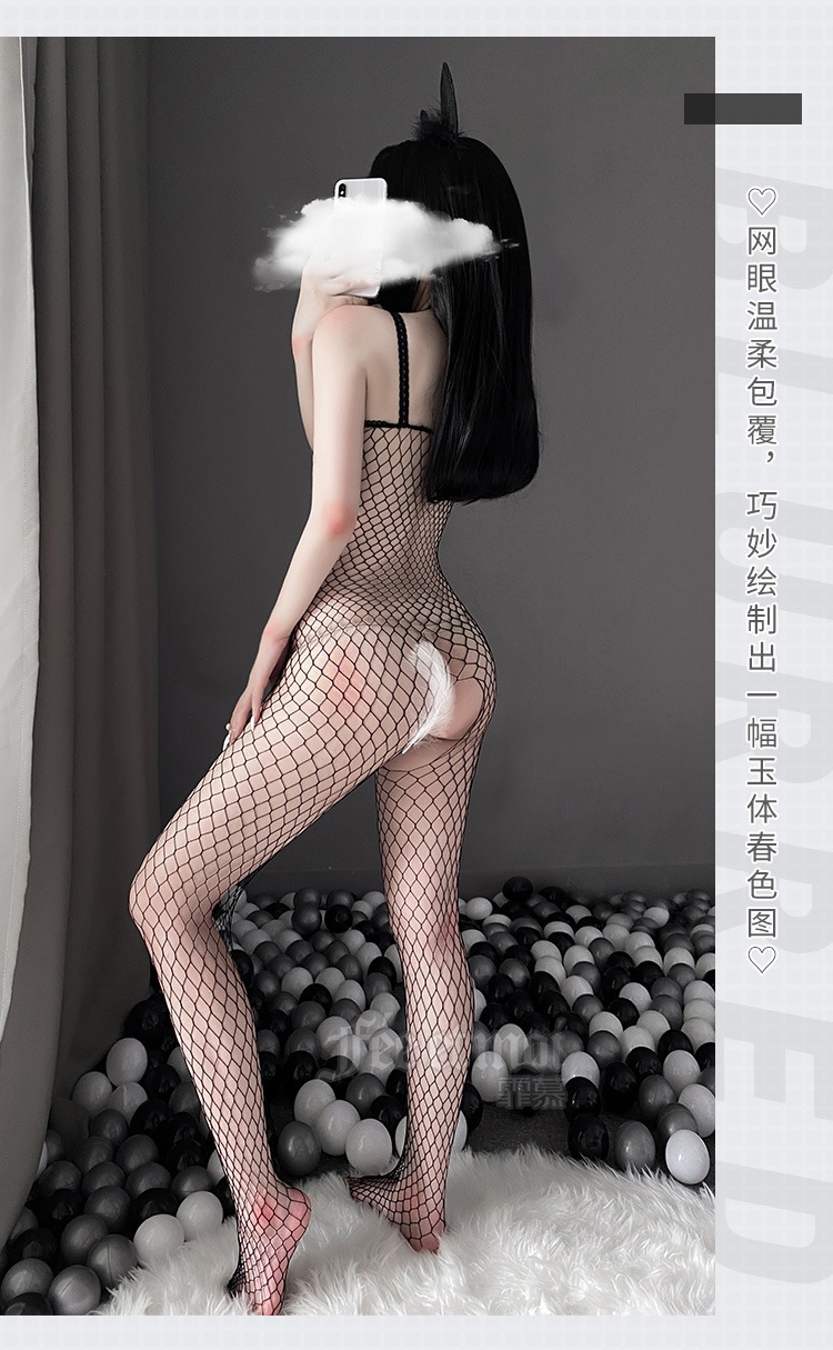 Feimu Mesh Open-Crotch Suspender Bodysuit for Women, Black, One Size — detail image 23