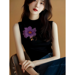 Black Purple Flower Print Half Turtleneck Sleeveless Shirt for Women 2025 New Spring Cool Style Unique Chic Top Summer