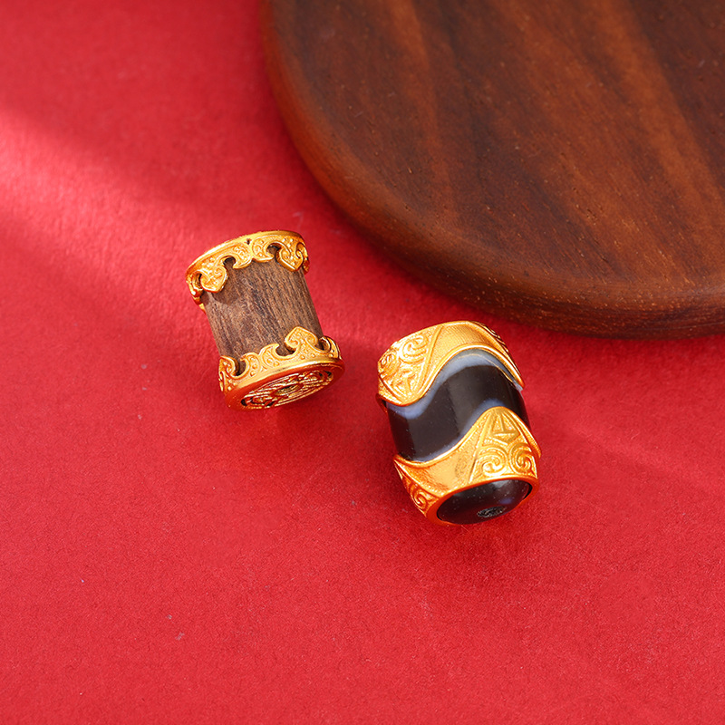 24K Gold-Plated Copper Inlaid with Agarwood Dzi Beads, Barrel Beads, Spacer Beads, DIY Bracelet Round Beads, Fortune Beads, Waist Beads, Jewelry Accessories