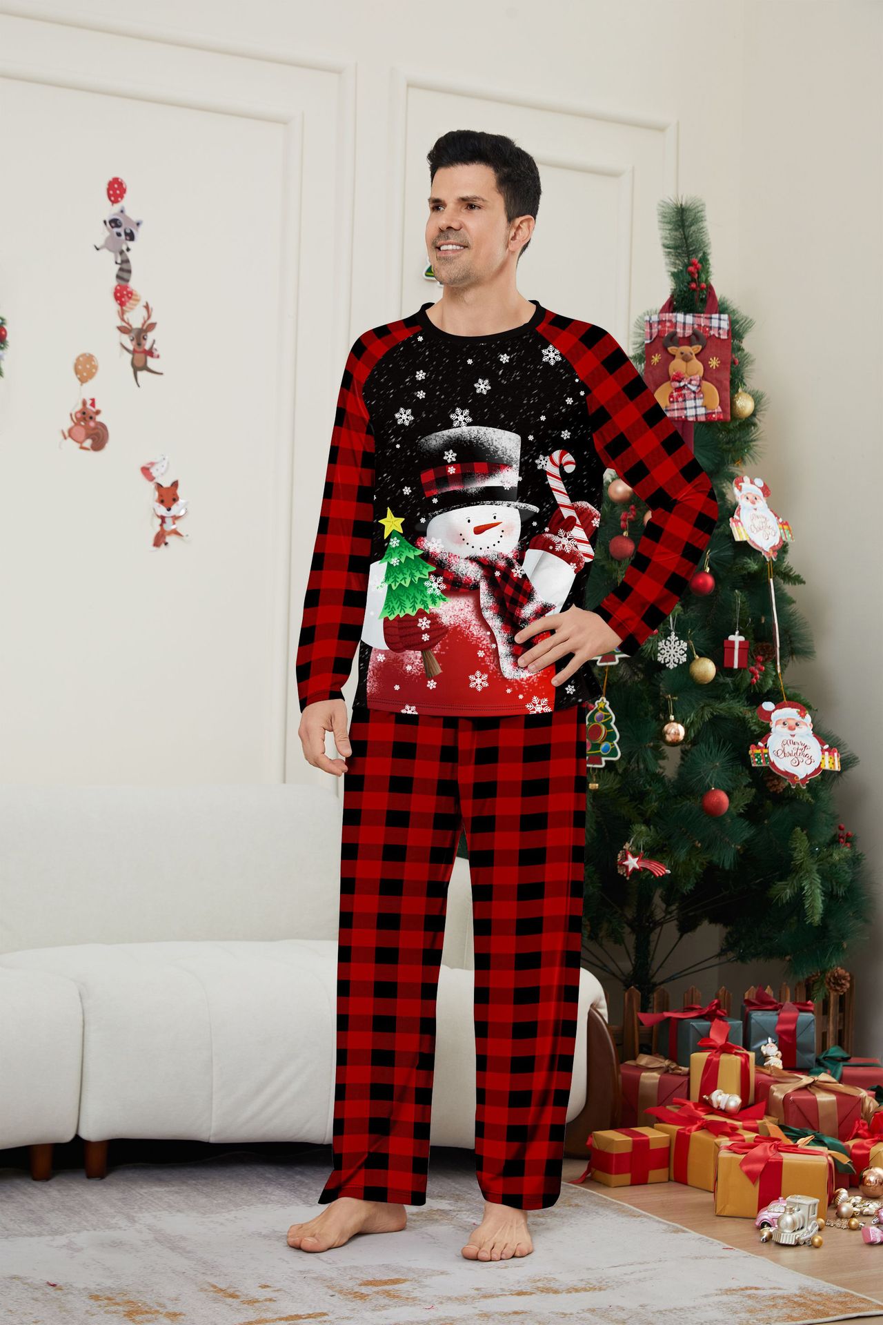 Christmas snowman candy cane snowflake Christmas family suit printed homewear sleep_voghion.com