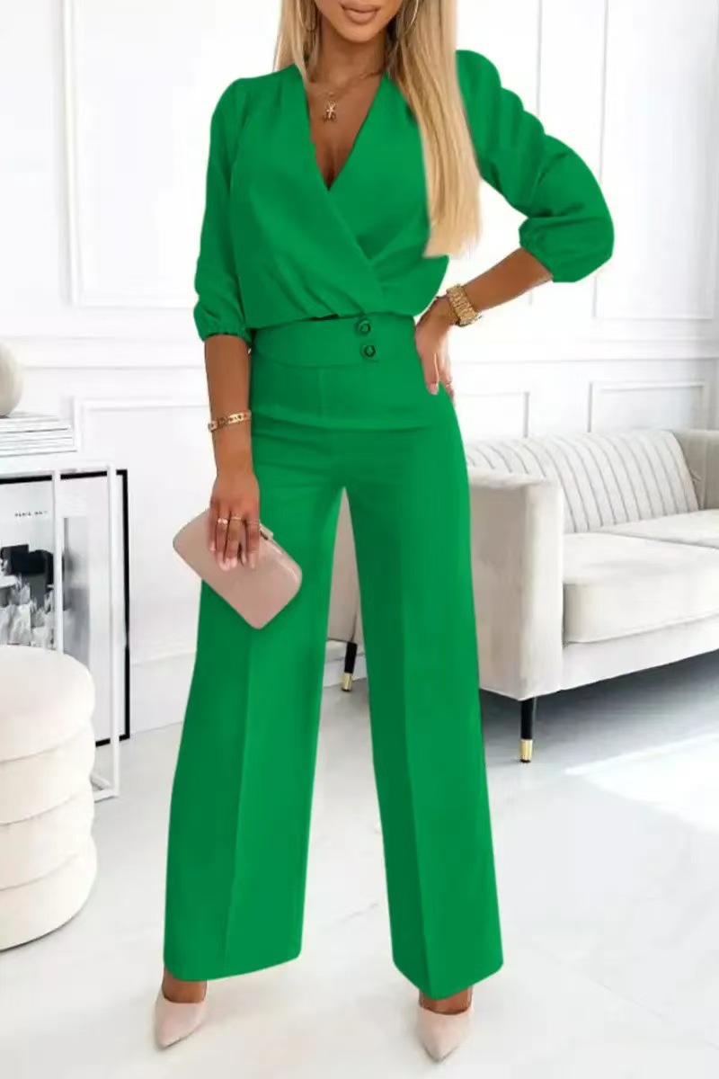 Women's Solid Color V-Neck Two-Button Casual 2-Piece Pant Set Regular Thickness For Spring/Autumn And Summer_ecoleips.com