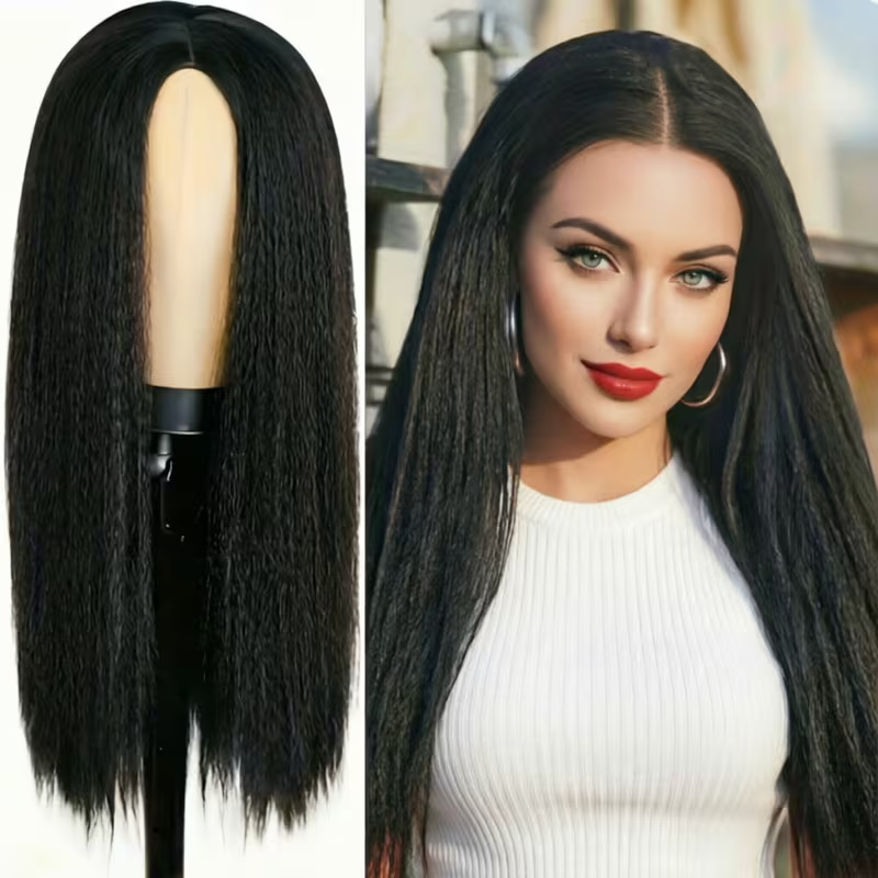 Cross-border black Yaki straight corn-curled middle-parted long straight hair high-temperature synthetic fiber wig, full head cover