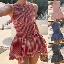 2025欧美跨境女装春夏新款时尚一字领打揽百搭格子无袖蓬蓬连衣裙
