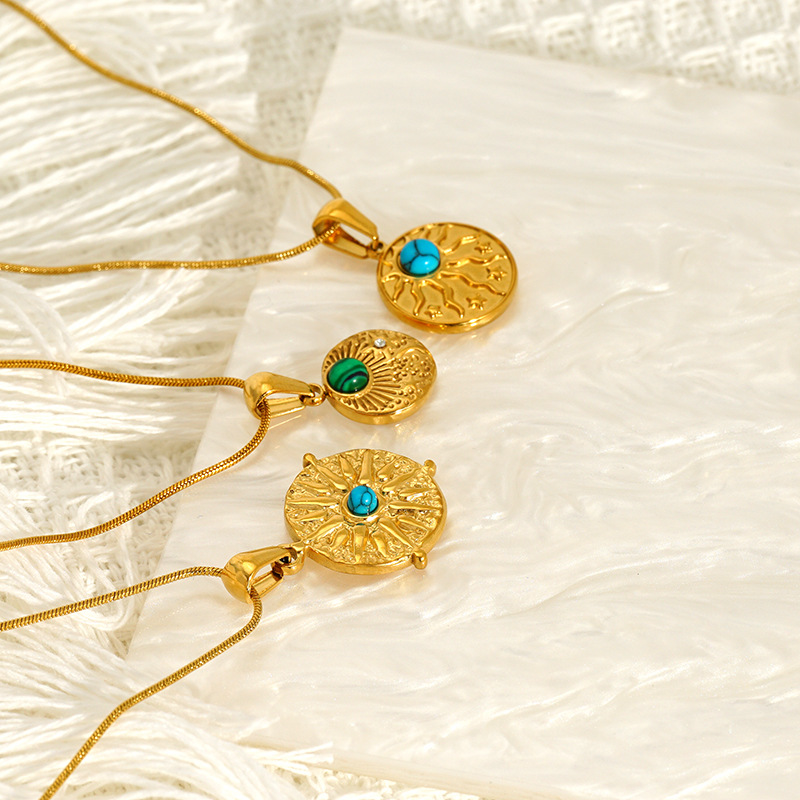 Women's Gender Inlay Design Wholesale Jewelry IG Style Geometric 304 Stainless Steel Turquoise Zircon 18K Gold Plated Inlay Pendant Necklace Snake Chain