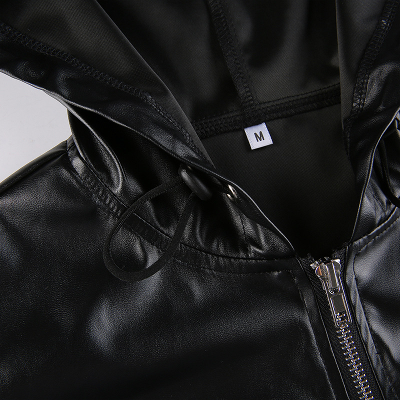 Mid-Length Drawstring Zipper Loose Leather Pullover Jacket NSRUI94610