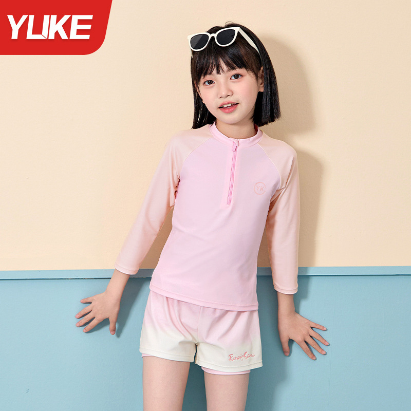 子供水着女の子スプリット長袖ズボン日焼け止め水着 2025 新しい中型および大型子供女の子温泉水着|undefined
