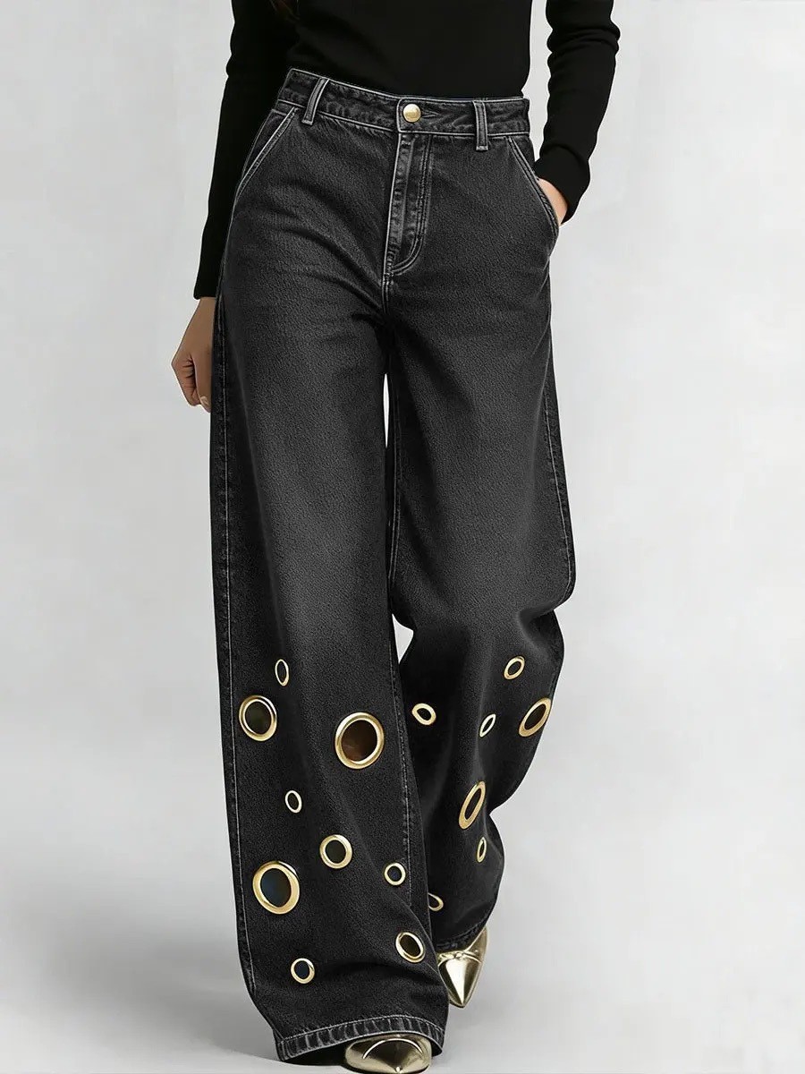 LD2814 Women's Straight Leg Jeans Whiskered Wash Loose Fit Curved Eyelet New Export_mkmklike.com