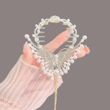 天使之翼2023新款天气质满钻发夹女珍珠流苏丸子头抓夹发卡百搭