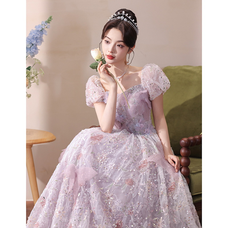 Purple Banquet Evening Dress 2026 New Style Fairy-Like Puff Sleeves Puffy Tulle Princess Dress Art Exam Annual Meeting Cocktail Dress