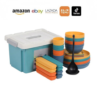 Cross-border Plastic Cutlery Plate Bowl Cup Knife Fork Spoon Chopsticks Storage Box suit Family Dinner Picnic Camping Travel Gifts