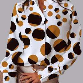 秋冬跨境欧美大码女装亚马逊速卖通独立站上衣波点长袖翻领衬衫女