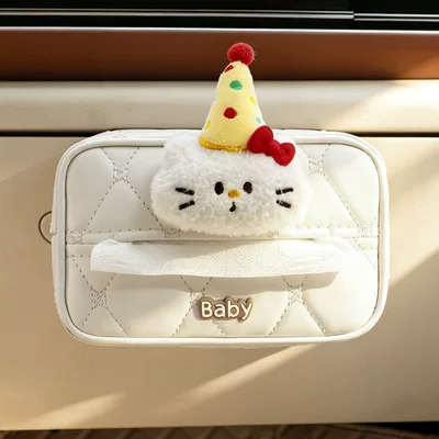 Car tissue box/set cute croissant shape 2026 new - yellow-colored-hat-kitten-beige-checkered-glove-compartment-tissue-box