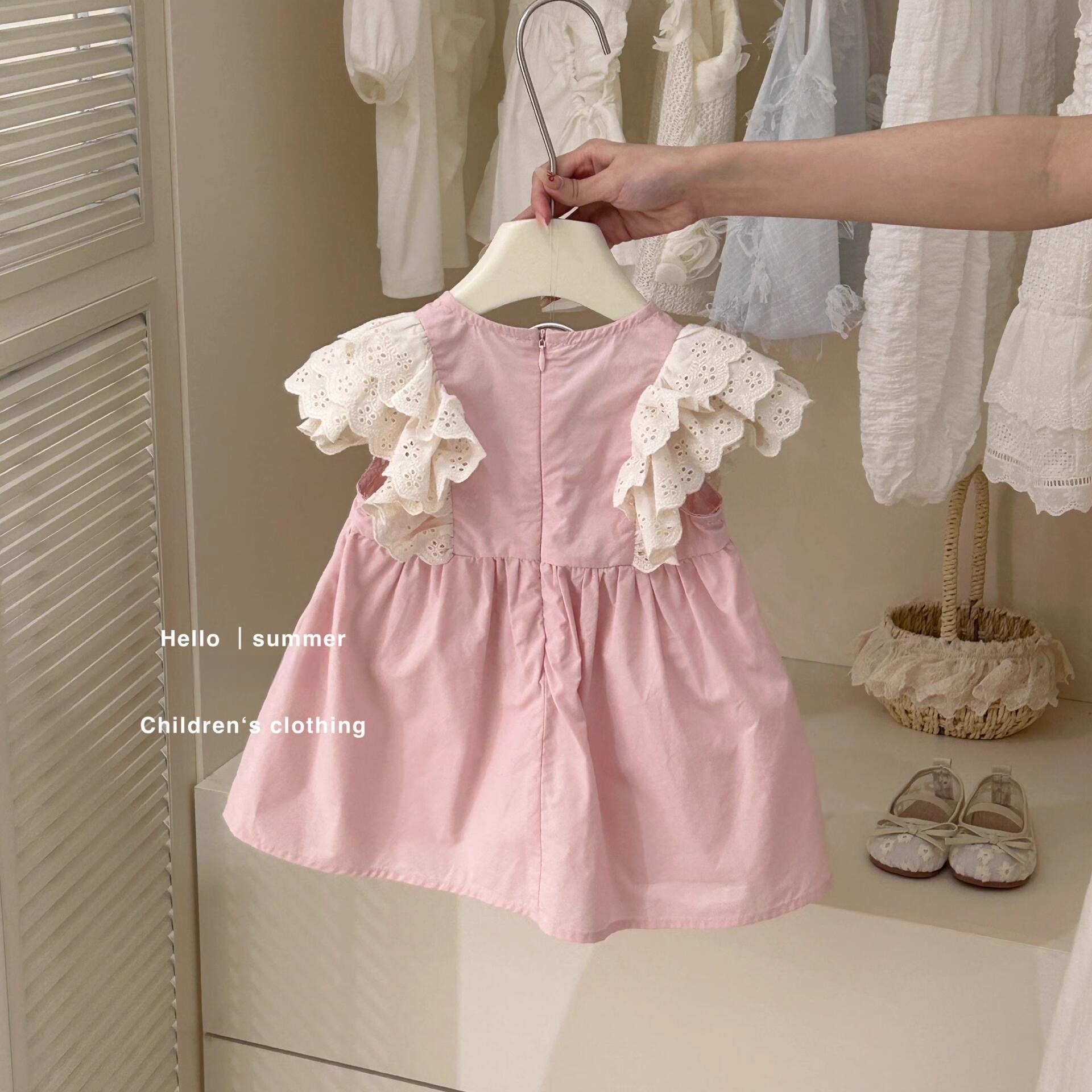 [Xianning Seven] 25 vestido de princesa de manga voladora hueca retro para niños de verano vestido rosa dulce falda de niña