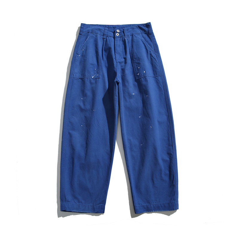Urban Essentials 2026 Spring Washed Vintage Navy Blue Ink-Splattered Straight-Leg Workwear Multi-Pocket Casual Pants