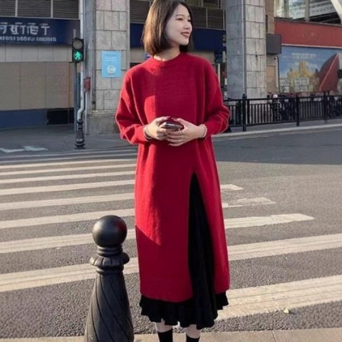韩风chic设计感复古中长款毛衣长裙秋冬新款开叉圆领针织连衣裙潮|undefined