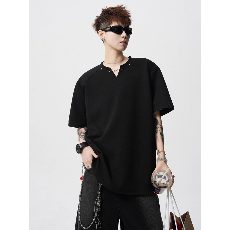 Heavyweight Padded Shoulder V-Neck Short-Sleeve T-Shirt for Men, New Summer Style, Loose Casual Versatile Half-Sleeve Tee for Teenagers, Trendy