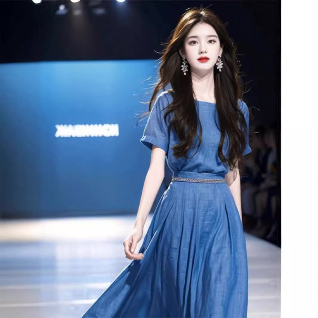 Đầm maxi nữ thắt eo màu xanh thanh lịch mùa hè — Màu xanh lam