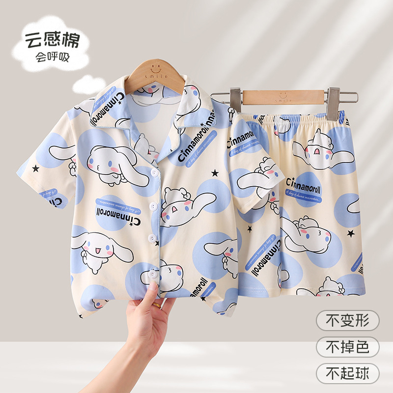 Foreign Trade Summer Children's Pajamas Boys and Girls Imitation Cotton Cardigan Short-sleeved Shorts Loose Thin Air-conditioning Clothing Home Clothes