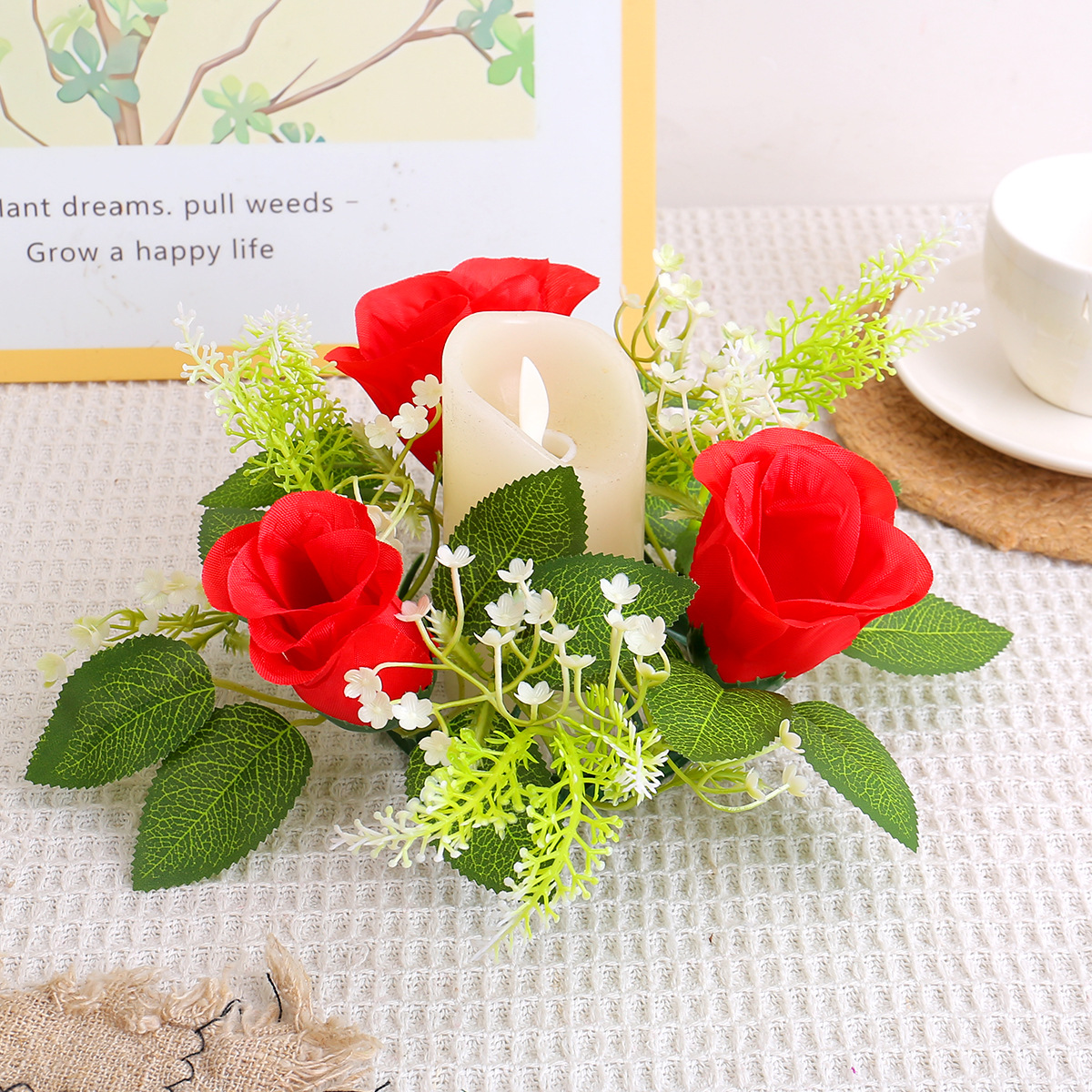 Boda transfronteriza simulación flor de rosa candelabro corona Día de San Valentín sala de estar vela copa decoración anillo de ratán decoración de escritorio