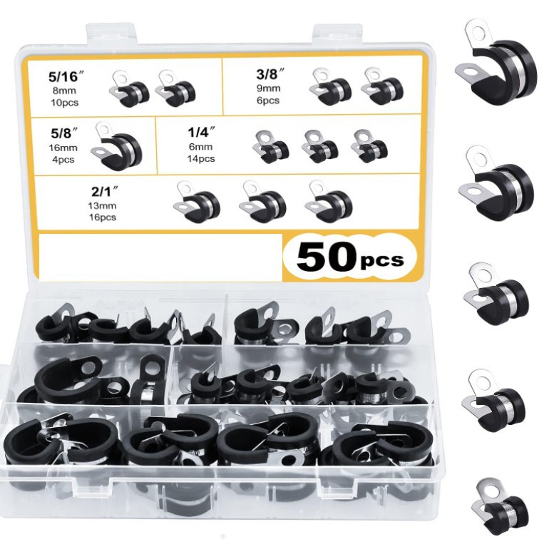 不锈钢橡胶衬里R型夹子 5种尺寸金属线缆固定扣套装（50件）