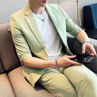 Summer New Men's Seven-point Sleeve Suit Korean Fashionable Men's Elegant Mid-sleeve Suit Men's Ankle-length Pants Two-piece Set