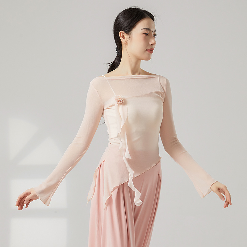Classical Dance Body Rhyme Mesh Flower Long-Sleeved Daily Body Top Chinese Dance Modern Dance Practice Clothes