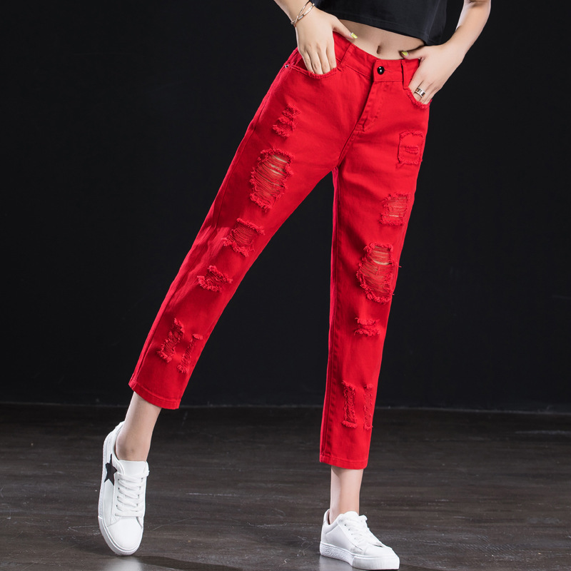 Ripped Jeans Women's 2024 New Spring and Autumn Red Pants Straight Loose Casual Harem Pants Women's Pants