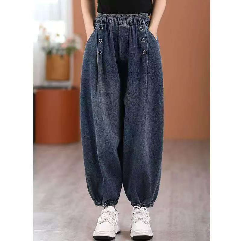 Women's Jeans for Spring and Autumn, Thick, Stretchy, Straight-Leg, Plus-Size, Loose, High-Waisted, Versatile, Casual, for Middle-Aged and Elderly Mothers