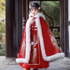 Winter Thicken Hanfu for Girls with Chinese Style, Children's Ancient Style Tangzhuang New Year Festive Red Flocked New Year Greeting Dress