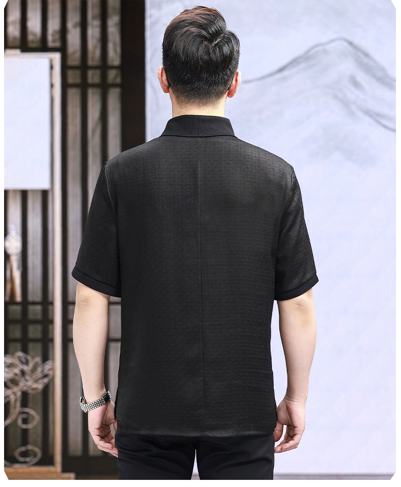 Áo polo nam tay ngắn lụa tơ tằm Xiangyunsha thoáng khí — Màu đen 2968 chi tiết 14
