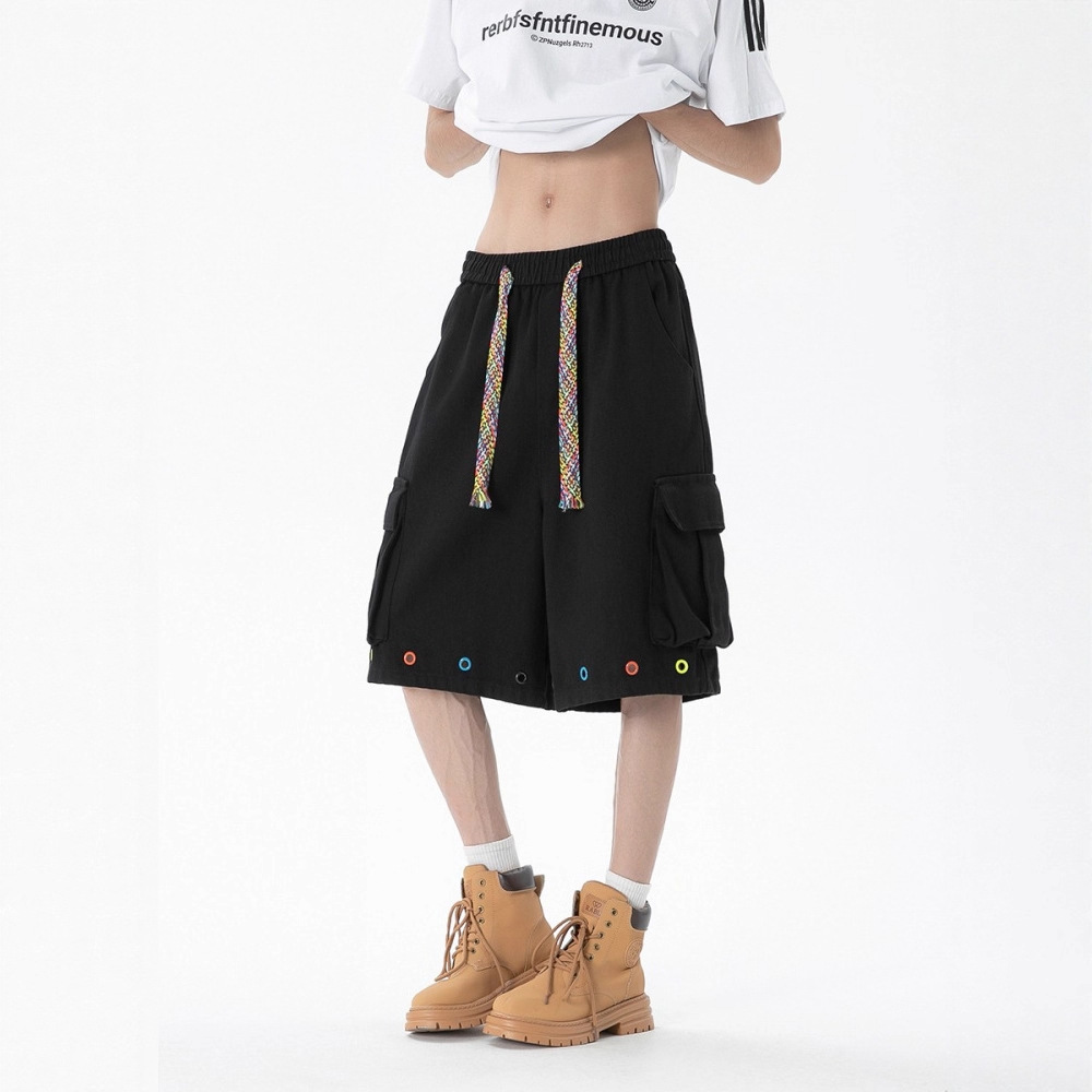 American-Style Cargo Shorts for Men, Summer Cool Design, Woven Drawstring Knee-Length Shorts, Trendy Brand, Loose Casual Mid-Length Shorts