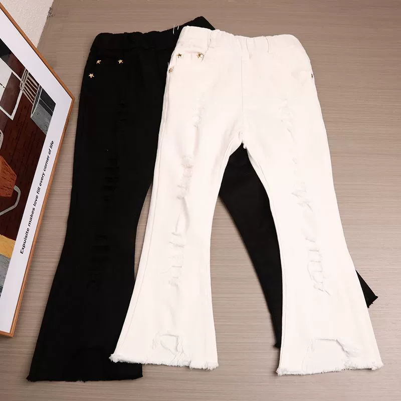 Расклешенные брюки для девочек в весенне-осеннем стиле, эластичная талия, подходят для детей старшего возраста, весенний наряд, тонкие и очень милые черно-белые детские брюки.