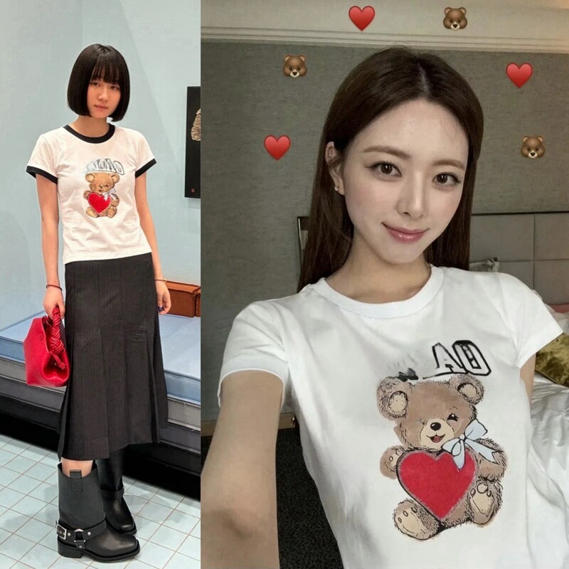 2025 New Summer Niche Designer Letter Bear Print Round Neck Pure Cotton Slim Short-Sleeved T-Shirt for Women