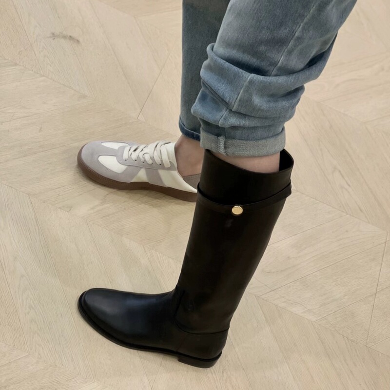 In-Stock Cowhide Version ~ 2025 New Small Coin Thick Heel Platform Mid-Calf Riding Boots for Women Autumn and Winter High Boots